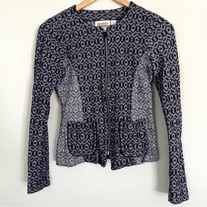 Anthropologie Rosie Neira Blue and White Geometric Knit Zip Front Jacket, Size S